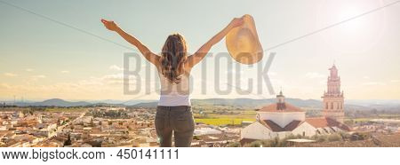happy woman travel in Spain- Burguillos del cerro, extramadura