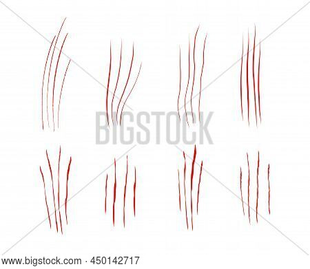 Set With Werewolf, Cat Or Beast Red Scratch Scrape On White Background. Four Wound Marks. Isolated P