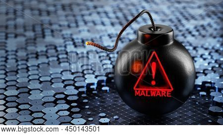 Bomb With Malware Icon. Virus Attack On Computer Systems. Malware Concept. 3d Render.