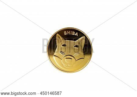 Golden Colored Shiba Coin Isolated On White Background.