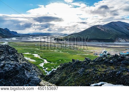 Aerial View Of Camping Area At Landmannalaugar Valley In The Central Highland, Iceland.