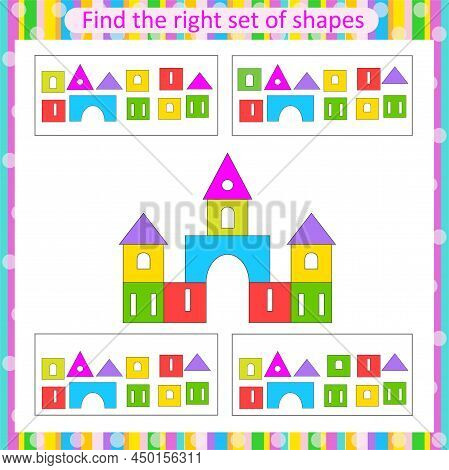 Educational Logical Game For Kids. Find The Right Set Of Geometric Shapes. Preschool Worksheet Activ