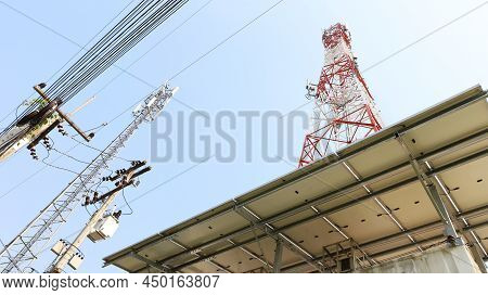 Telecommunication Base Station Electrical System. Solar Cell And Transformer With High Voltage Trans