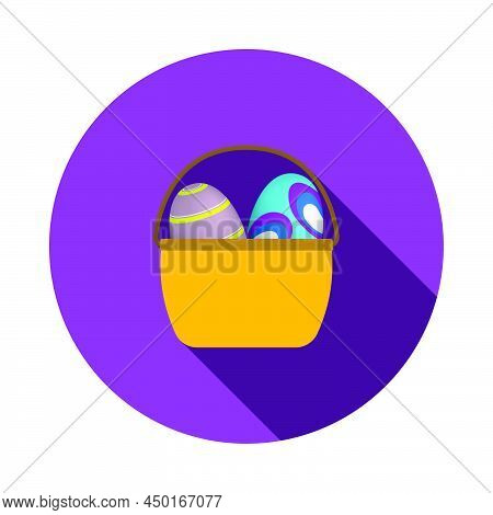 Easter Basket With Eggs Icon. Flat Circle Stencil Design With Long Shadow. Vector Illustration.