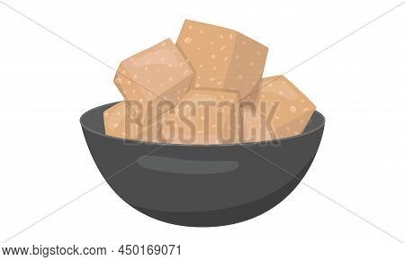 Tofu, Vegan Bio Soy Cheese In Black Bowl. Vector Stock Illustration Isolated On White Background For