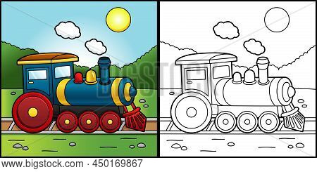 This Coloring Page Shows A Steam Locomotive. One Side Of This Vector Illustration Is Colored And Ser