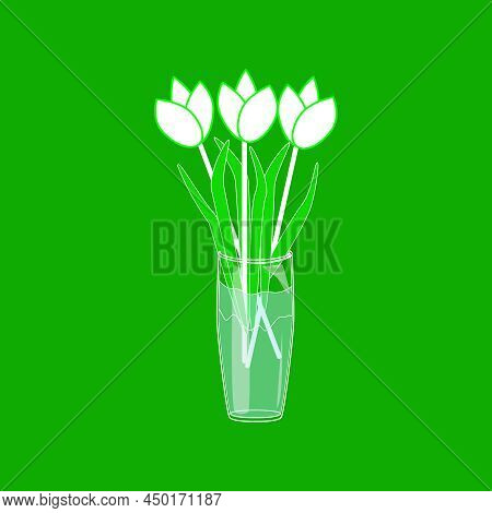 Glass Vase With Tulips Isolated On Green Background. Tulips Bouquet In Glass Bowl With Water. Spring