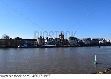 Koblenz, Germany - 02 27 2022: Mosel In Koblenz, Ship Parking At The Moselufer