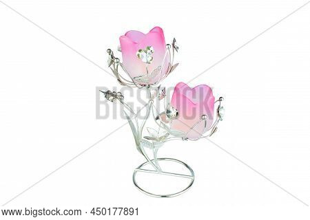 Pink Candlestick Isolated On White Background. Two Roses Candlestick Holder For Wedding And Home Dec