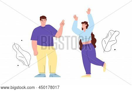 Cheerful Positive Overweight Man And Woman, Flat Vector Illustration Isolated.