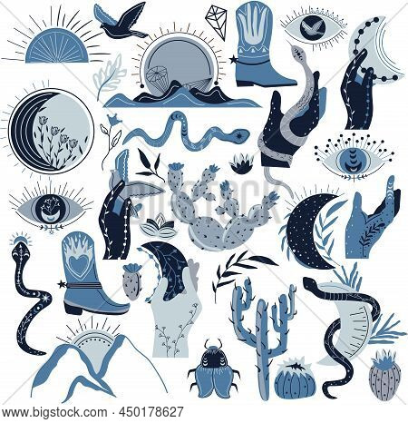 Wild West Collection. Cactus, Snake, Sun, Moon, Bird, Eye, Crystal, Hand With Moon, Boot, Hand With 