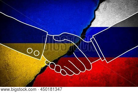War Between Russia And Ukraine With Silhouette Handshake Against Cracked Wall With National Flag Bac