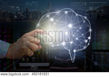 Hand Touching The Technology Brain Over The Businessman Looiking Trading Graph Of Stock Market Excha