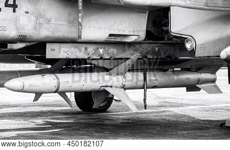 Sliac, Slovakia - August 29, 2015: A Winged Missile Under The Wing Of A Fighter. Rocket On Jet Fighe