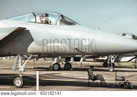 Sliac, Slovakia - August 29, 20215: Pilot Sitting Under The Air Fighter F-15 Eagle