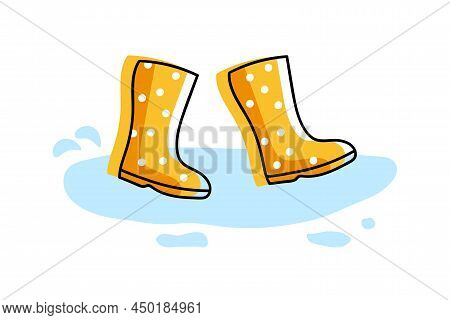 Rainy Weather. Bright Yellow Boots Walking In Puddle. Yellow High Rubber Boots Isolated On White. Po