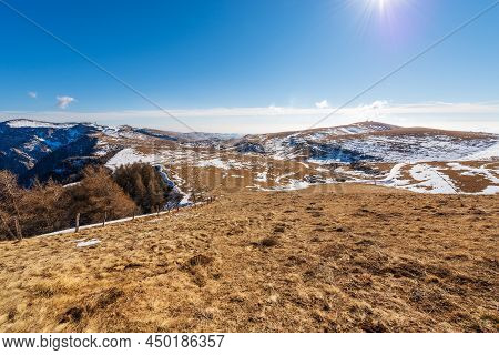 Panoramic View Of Lessinia Plateau Regional Natural Park In Winter, And Mountain Peak Of Monte Tomba