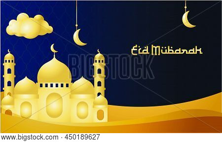 Eid Mubarak Simple Elegant And Luxury Islamic Background With Mosque Gold Blue