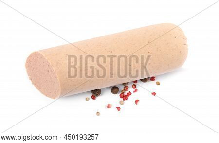 Delicious Liverwurst With Spices On White Background, Top View