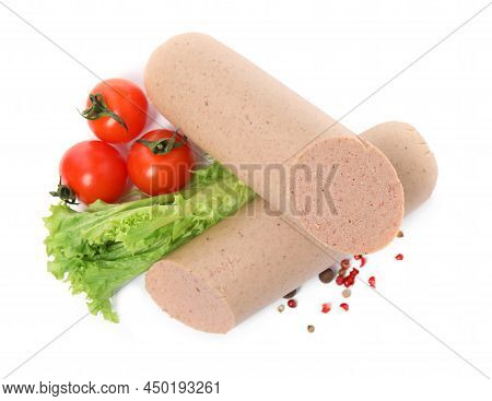 Delicious Liverwurst With Cherry Tomatoes, Lettuce And Spices On White Background, Top View