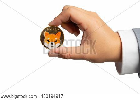 Hand Or Fingers Picking Shiba Coin Group Included With Crypto Currency On Hand Business Man In Gray 
