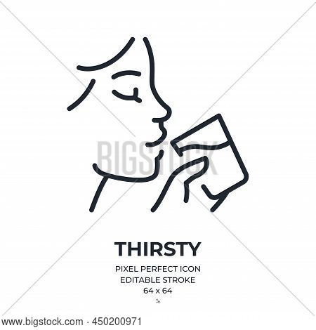 Woman Drinking A Glass Of Water. Thirsty Concept Editable Stroke Outline Icon Isolated On White Back