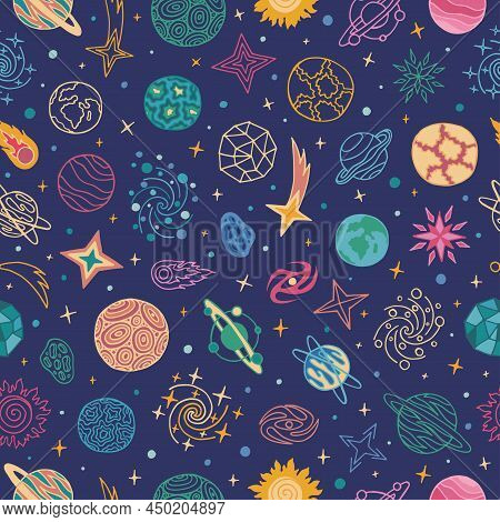 Vector Colorful Space Seamless Pattern With Planets, Comets, Constellations And Stars. Night Sky Han
