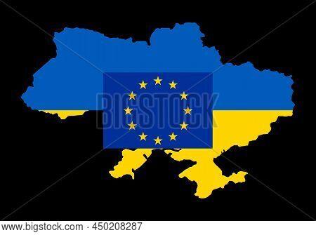 Blue European Union Flag With Yellow Stars And Ukrainian Map In Color Of National Flag. European Uni
