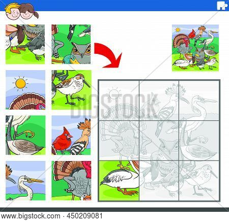 Cartoon Illustration Of Educational Jigsaw Puzzle Game For Children With Birds Animal Characters