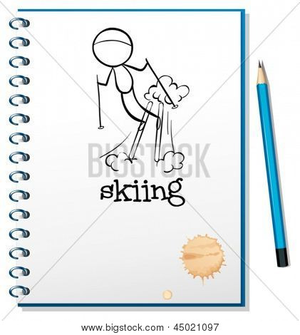 Ilustracja notebook z rysunku chłopca na nartach na białym tle