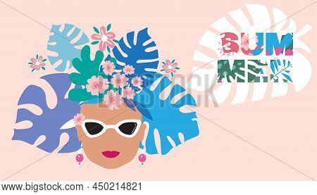 Summer Concept Design  With  Pretty Women,  Palm Trees, Tropical Leaves And Flowers Exotic Modern De