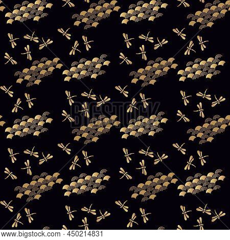Beautiful Japanese Seamless  Pattern With Golden Dragonfiles. Vector Unique Seamless Asian Texture.f
