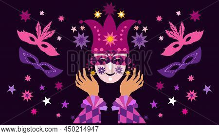 Carniva Maskl, Happy Mardi Gras. Festive Masquerade Joker  Background Shrovetide Or Maslenitsa  Perf