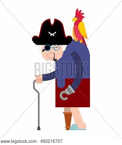 Grandmother Pirate. Grandma Filibuster And Parrot. Vector Illustration