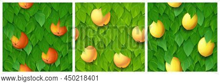 Textures Of Orange, Lemon And Apple Tree For Game Background. Vector Cartoon Seamless Patterns Of Tr