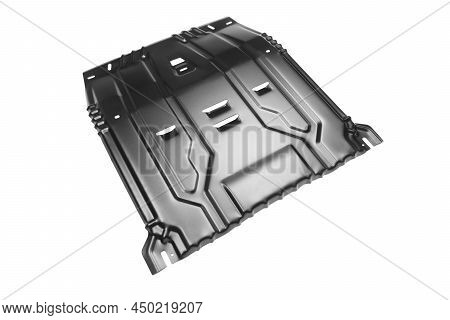 Metal Protection Of The Crankcase Of The Engine And Gearbox Isolated On White Background. Top View O