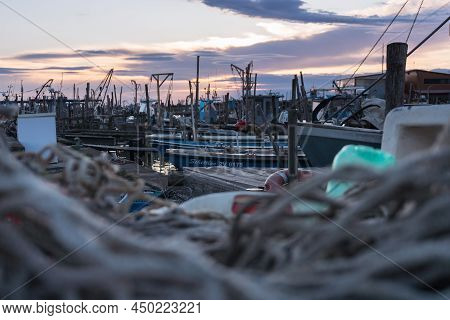 Gorino,italy-march 31,2018:view Of The Moorings Of Gorino, A Village In The Delta Del Po Park During