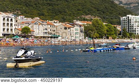 Petrovac, Montenegro, 29. August 2021: Boats In Harbour In Town Petrovac, Montenegro. Beautiful Fami