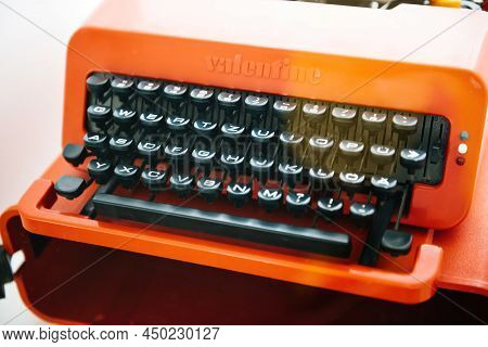 Brussels, Belgium - Jul 14, 2020: Close-up Of Vintage Olivetti Valentine Typewriter