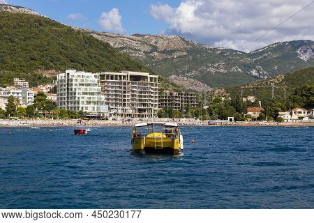 Petrovac, Montenegro, 29. August 2021: Boats In Harbour In Town Petrovac, Montenegro. Beautiful Fami