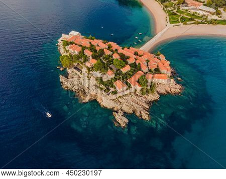 Aerophotography. View From Flying Drone. Panoramic View Of Sveti Stefan Island In Budva In A Beautif