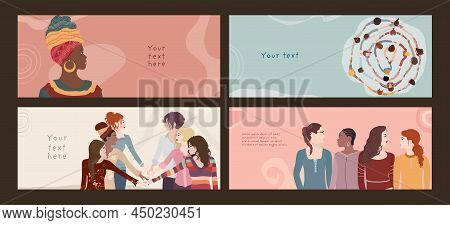 Multicultural And Multiethnic Women. Group Of Diversity Women And Girls. Female Social Network Commu