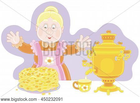 Happy Granny With Tasty Traditional Pancakes And An Old Village Samovar For Holiday Tea, Vector Cart