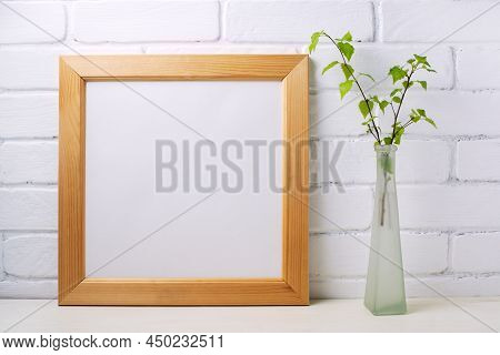 Square Wooden Picture Frame Mockup With Birch Branches