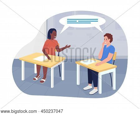 Talking Students 2d Vector Isolated Illustration. High School Pupils Flat Characters On Cartoon Back