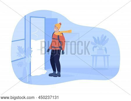 Strong Wind And Snowstorm 2d Vector Isolated Illustration. Man Struggling Cold Weather Flat Characte