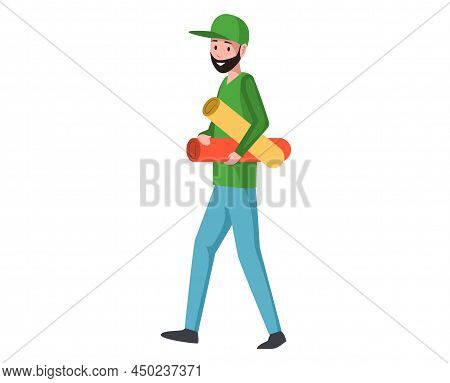 Bearded Man Carries Large Format Sheets Of Colored Paper Vector Illustration. Printing Worker Holds 