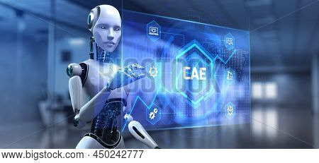 Cae Computer-aided Engineering Software System. Technology Concept. Robot Pressing Button On Screen 