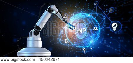 Gmp Good Manufacturing Practice. 3d Render Cobot Robotic Arm