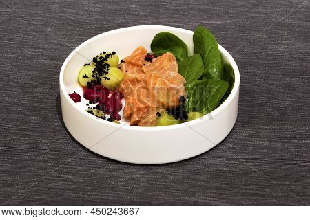 Salmon Ceviche. Pickled Salmon Slices In A Dressing Of Ginger, Lime, Chili Pepper And Garlic. Served